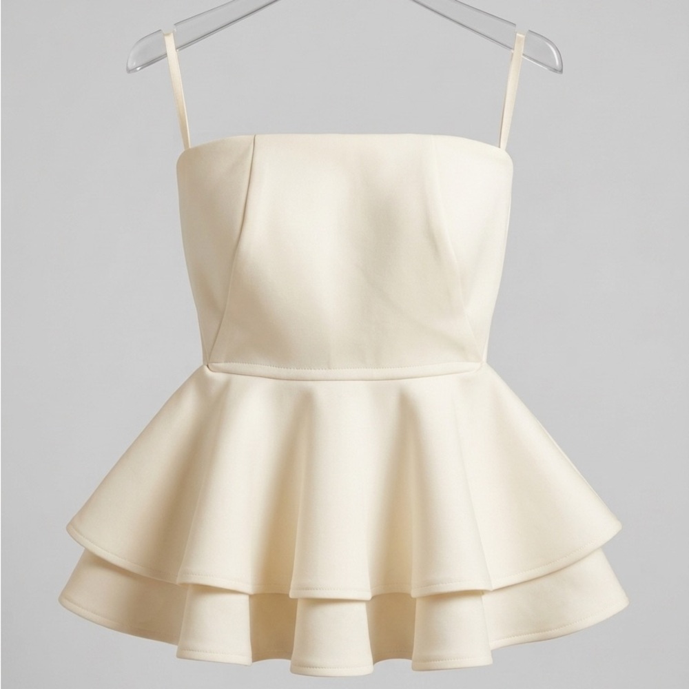 Jovani Cream Peplum Cami Top Spaghetti Strap Bustier Ruffle Hem Camisole Size 2